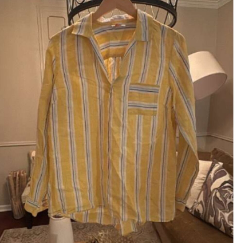 J. Jill "Love Linen" Yellow & Blue Striped Button Down Shirt - Size M - Picture 2 of 6